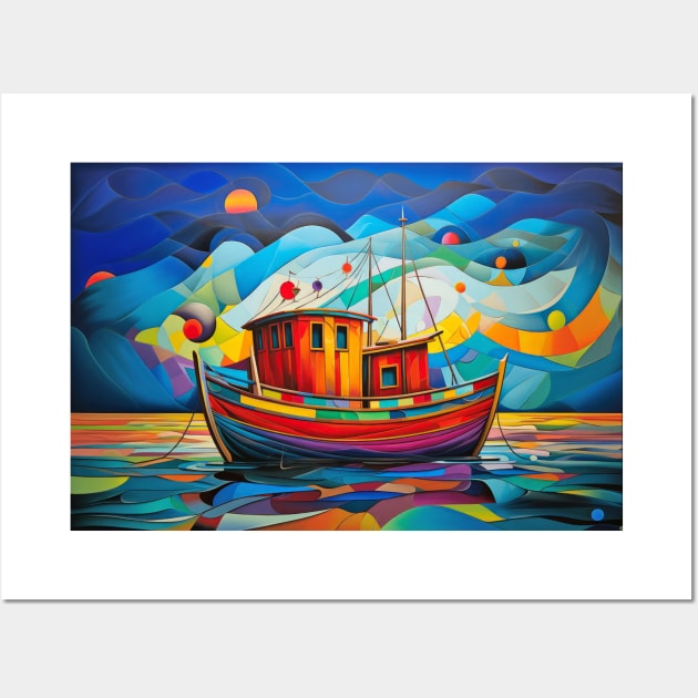 Fishing Boat Concept Abstract Colorful Scenery Painting Wall Art by Cubebox